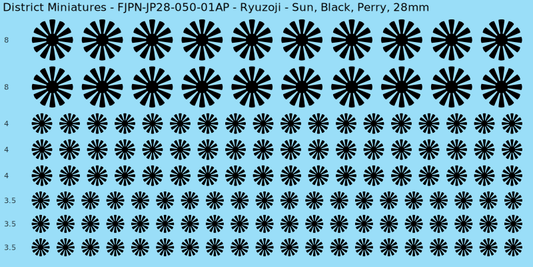 Ryuzoji clan mon, Black waterslide decal sheet, Perry banner sizes, 28mm