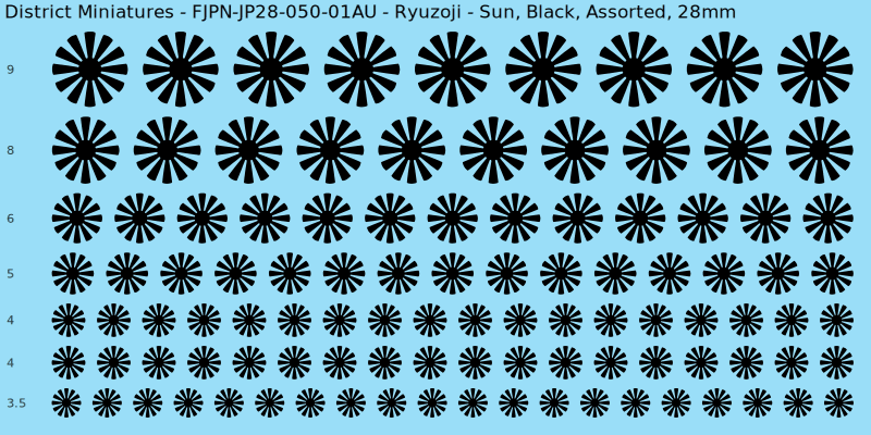 Ryuzoji clan mon, Sun, Black waterslide decal sheet, 28mm