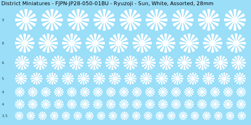 Ryuzoji clan mon, Sun, White waterslide decal sheet, 28mm