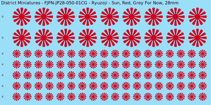 Ryuzoji clan mon, Red waterslide decal sheet, Grey For Now banner sizes, 28mm