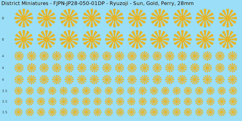 Ryuzoji clan mon, Yellow/Gold waterslide decal sheet, Perry banner sizes, 28mm