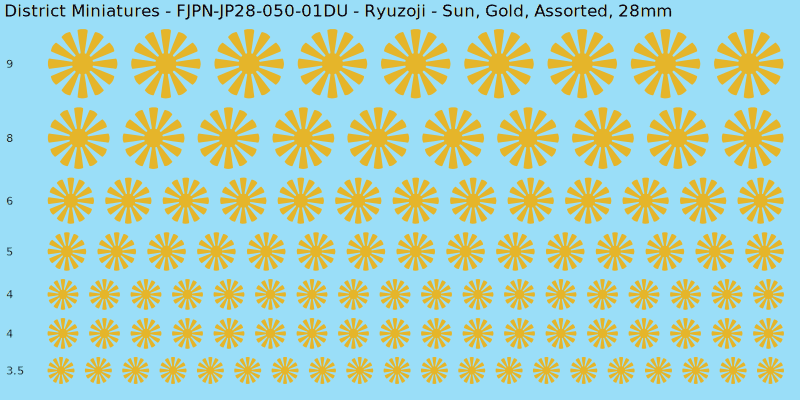 Ryuzoji clan mon, Yellow/Gold waterslide decal sheet, Assorted banner sizes, 28mm