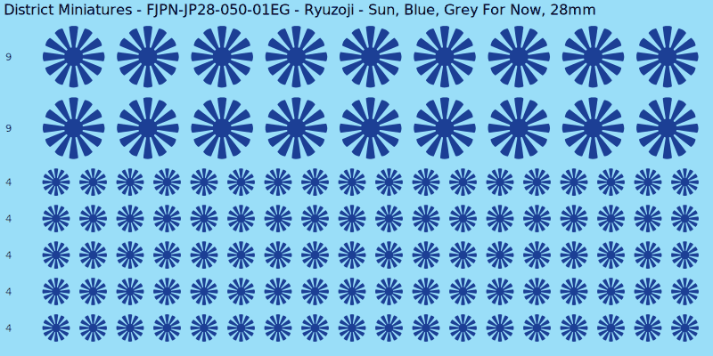 Ryuzoji clan mon, Blue waterslide decal sheet, Grey For Now banner sizes, 28mm