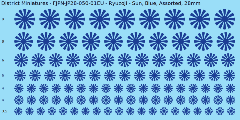 Ryuzoji clan mon, Sun, Blue waterslide decal sheet, 28mm