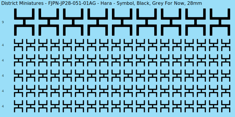 Hara clan mon, Black waterslide decal sheet, Grey For Now banner sizes, 28mm