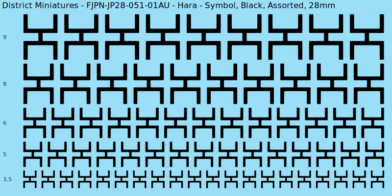 Hara clan mon, Black waterslide decal sheet, Assorted banner sizes, 28mm