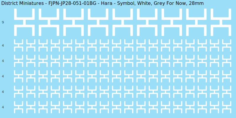 Hara clan mon, White waterslide decal sheet, Grey For Now banner sizes, 28mm