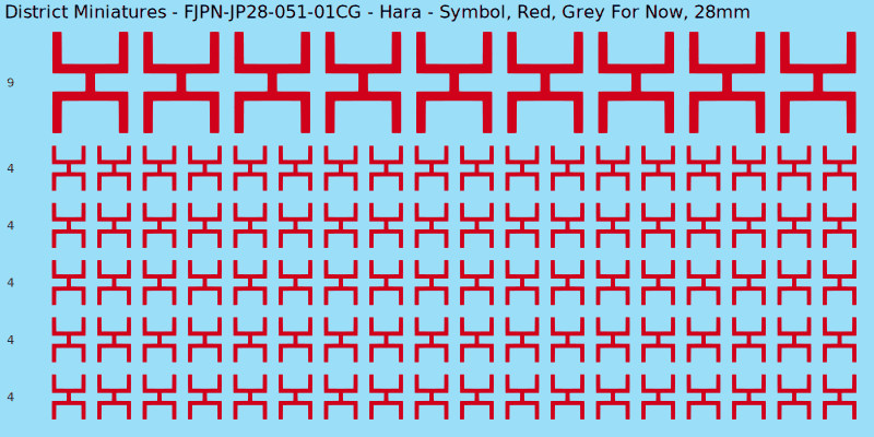 Hara clan mon, Red waterslide decal sheet, Grey For Now banner sizes, 28mm