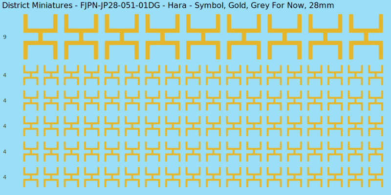 Hara clan mon, Yellow/Gold waterslide decal sheet, Grey For Now banner sizes, 28mm