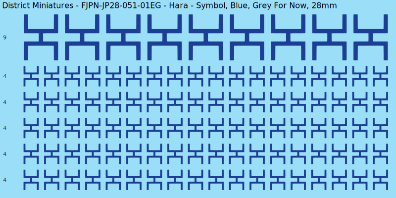 Hara clan mon, Blue waterslide decal sheet, Grey For Now banner sizes, 28mm