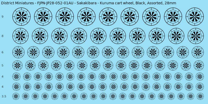 Sakakibara clan mon, Kuruma cart wheel, Black waterslide decal sheet, 28mm