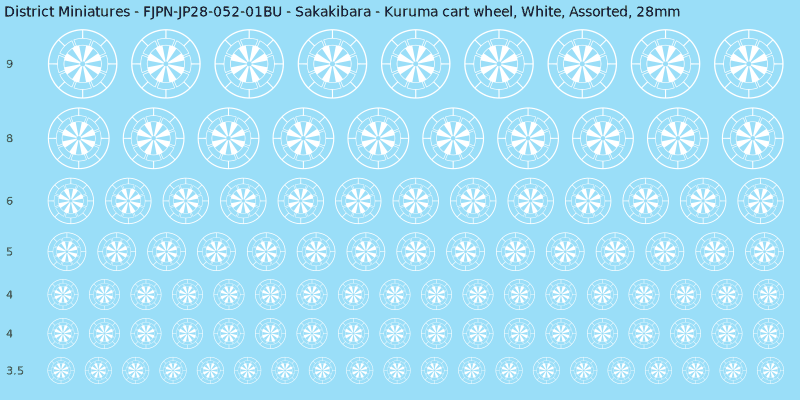 Sakakibara clan mon, Kuruma cart wheel, White waterslide decal sheet, 28mm
