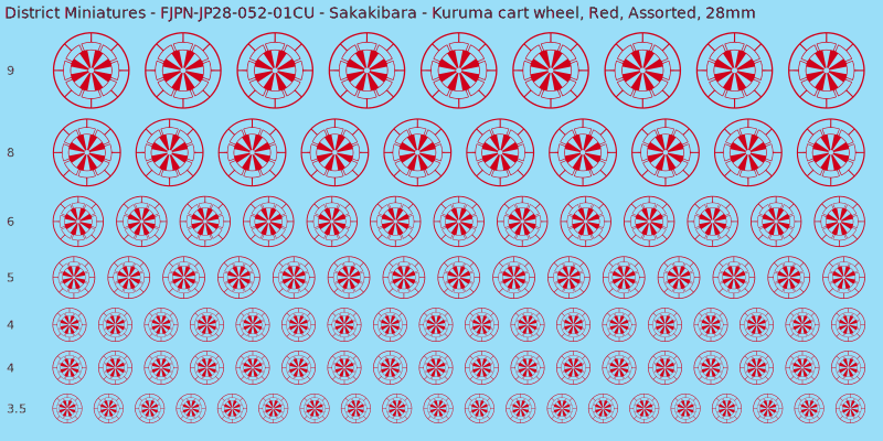 Sakakibara clan mon, Kuruma cart wheel, Red waterslide decal sheet, 28mm