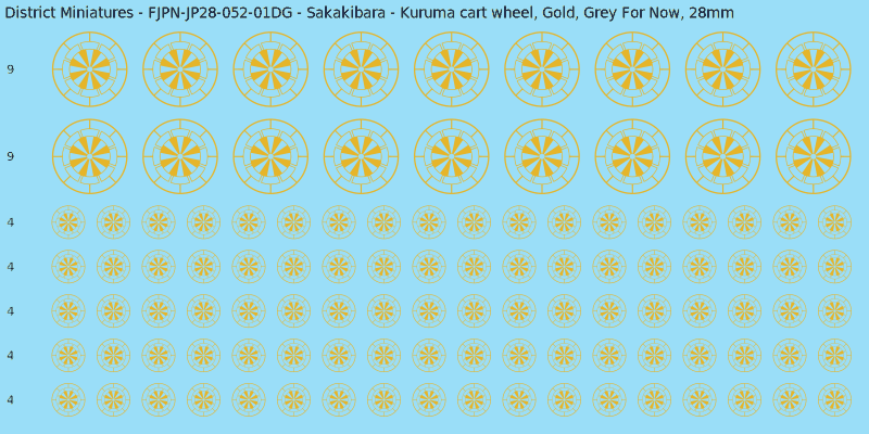 Sakakibara clan mon, Yellow/Gold waterslide decal sheet, Grey For Now banner sizes, 28mm