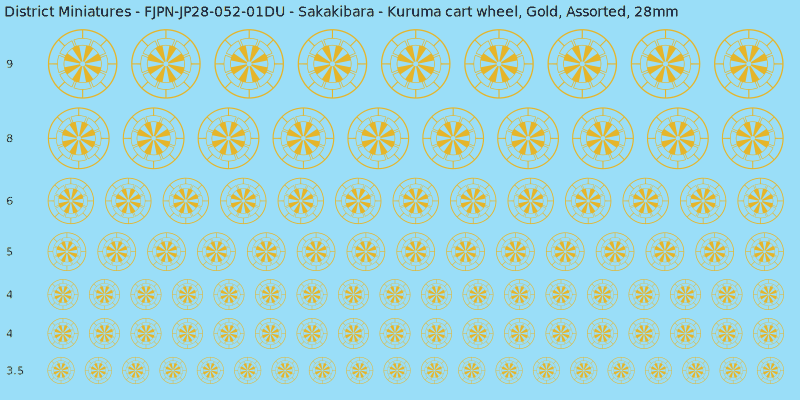 Sakakibara clan mon, Yellow/Gold waterslide decal sheet, Assorted banner sizes, 28mm