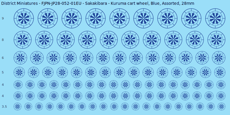 Sakakibara clan mon, Kuruma cart wheel, Blue waterslide decal sheet, 28mm