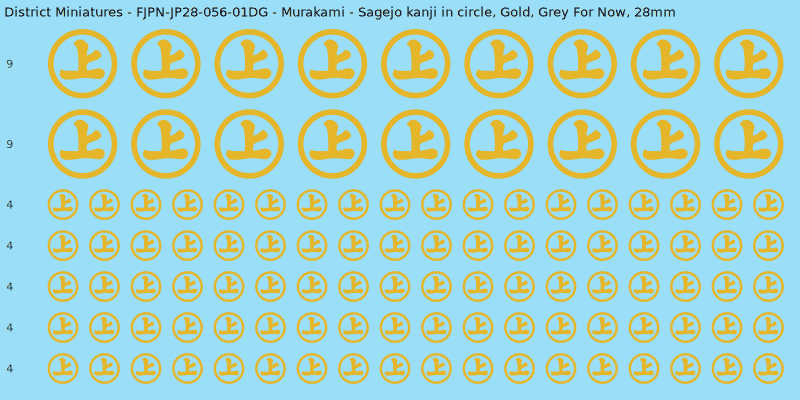 Murakami clan mon, Yellow/Gold waterslide decal sheet, Grey For Now banner sizes, 28mm