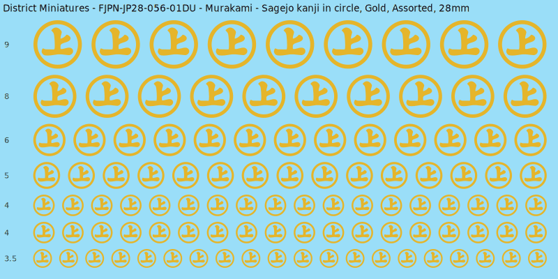 Murakami clan mon, Sagejo kanji in circle, Gold waterslide decal sheet, 28mm
