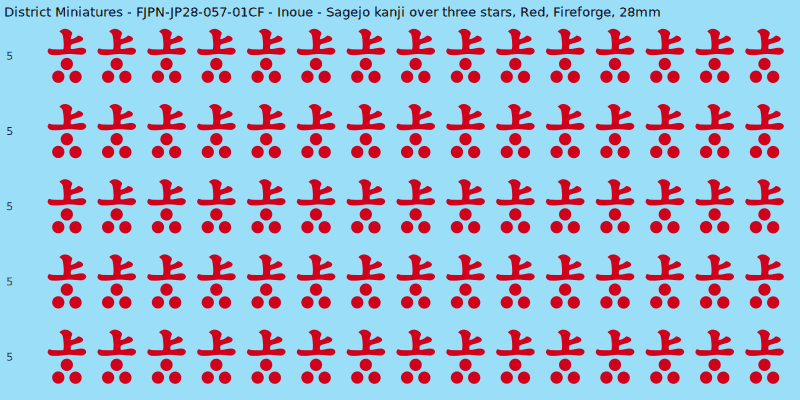 Inoue clan mon, Red waterslide decal sheet, Fireforge banner sizes, 28mm