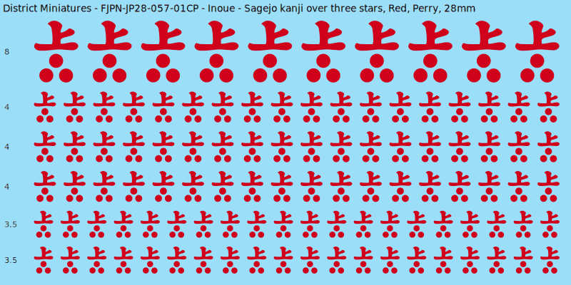 Inoue clan mon, Red waterslide decal sheet, Perry banner sizes, 28mm