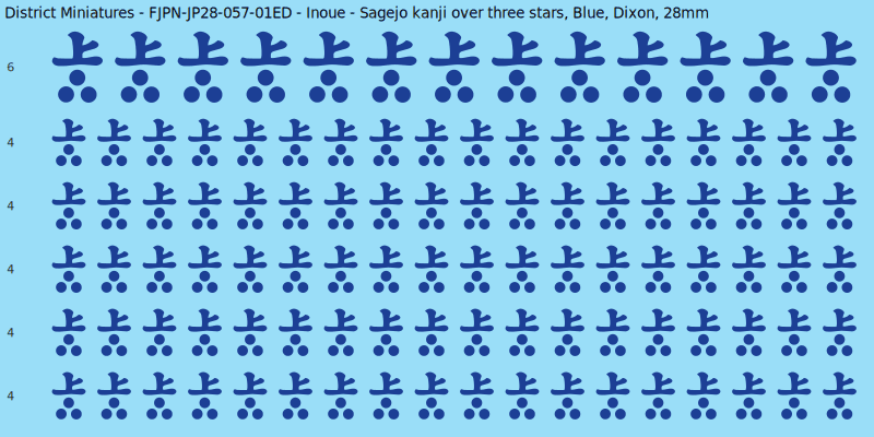 Inoue clan mon, Blue waterslide decal sheet, Dixon banner sizes, 28mm