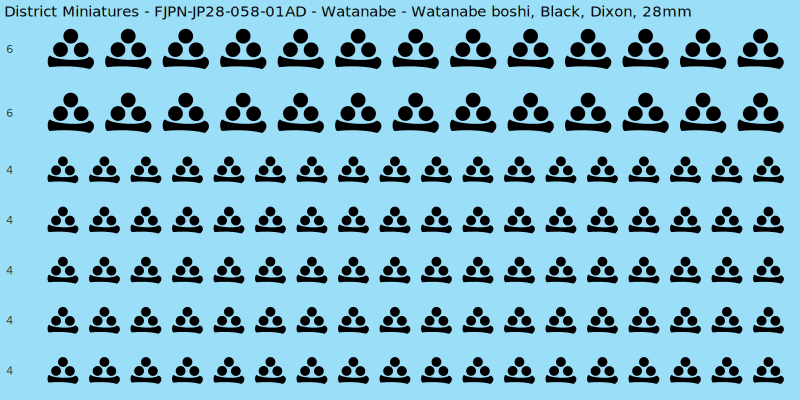 Watanabe clan mon, Black waterslide decal sheet, Dixon banner sizes, 28mm