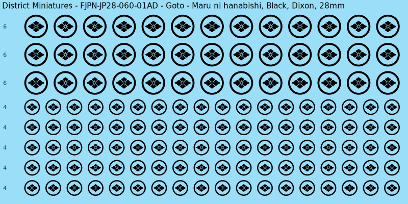 Goto clan mon, Black waterslide decal sheet, Dixon banner sizes, 28mm