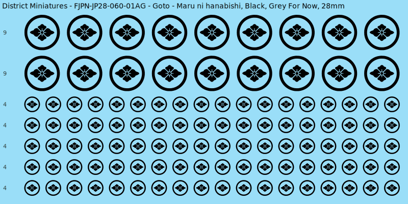 Goto clan mon, Black waterslide decal sheet, Grey For Now banner sizes, 28mm