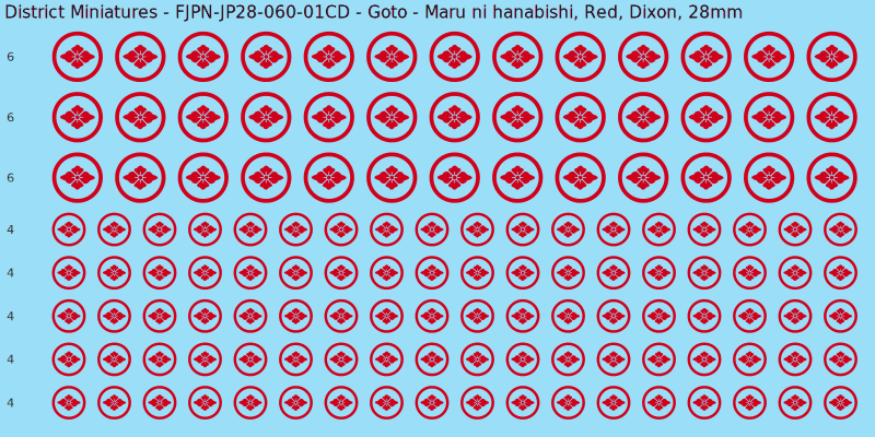 Goto clan mon, Red waterslide decal sheet, Dixon banner sizes, 28mm