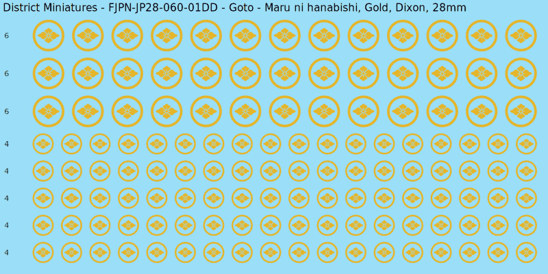 Goto clan mon, Yellow/Gold waterslide decal sheet, Dixon banner sizes, 28mm