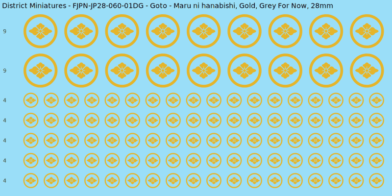 Goto clan mon, Yellow/Gold waterslide decal sheet, Grey For Now banner sizes, 28mm