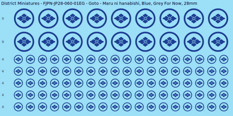 Goto clan mon, Blue waterslide decal sheet, Grey For Now banner sizes, 28mm