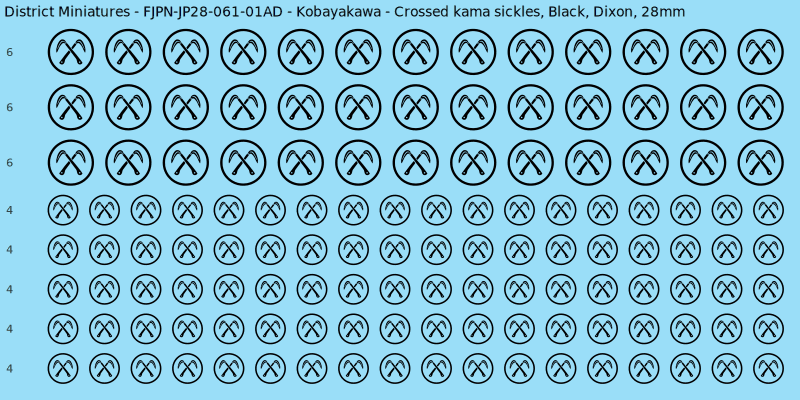 Kobayakawa clan mon, Black waterslide decal sheet, Dixon banner sizes, 28mm