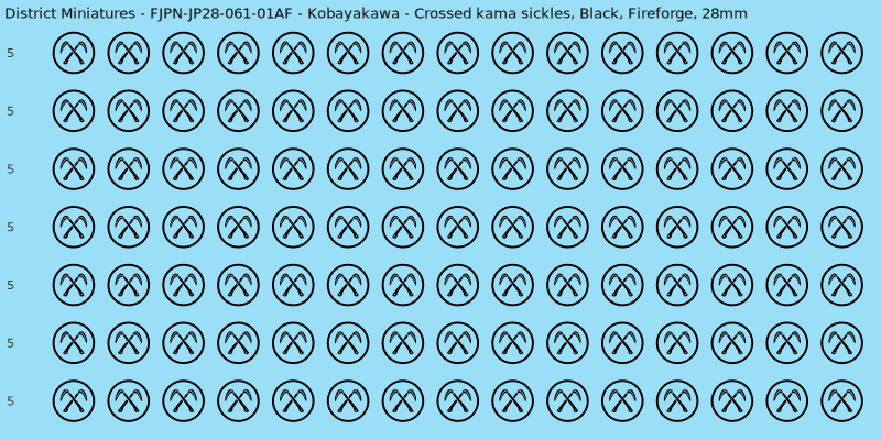 Kobayakawa clan mon, Black waterslide decal sheet, Fireforge banner sizes, 28mm
