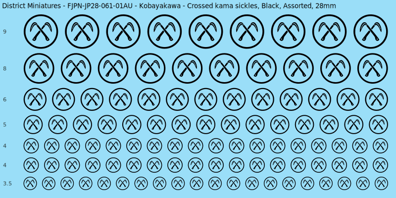 Kobayakawa clan mon, Crossed kama sickles, Black waterslide decal sheet, 28mm