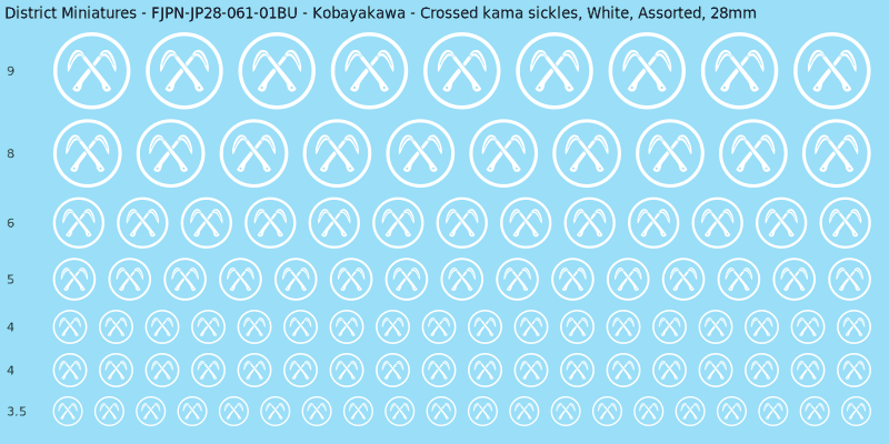 Kobayakawa clan mon, Crossed kama sickles, White waterslide decal sheet, 28mm