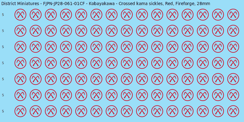 Kobayakawa clan mon, Red waterslide decal sheet, Fireforge banner sizes, 28mm