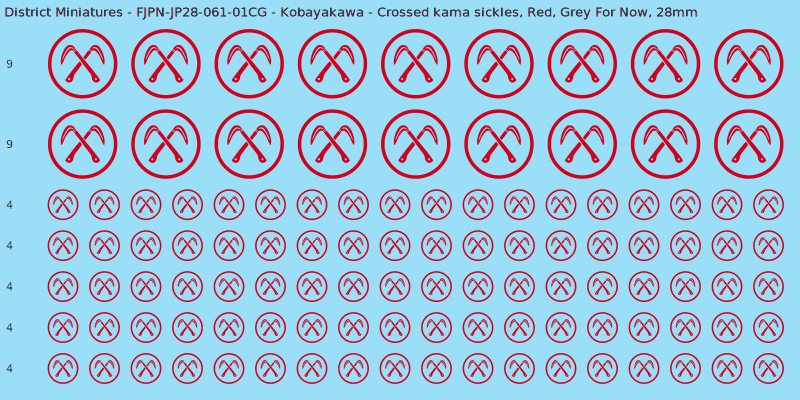 Kobayakawa clan mon, Red waterslide decal sheet, Grey For Now banner sizes, 28mm