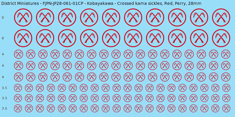 Kobayakawa clan mon, Red waterslide decal sheet, Perry banner sizes, 28mm