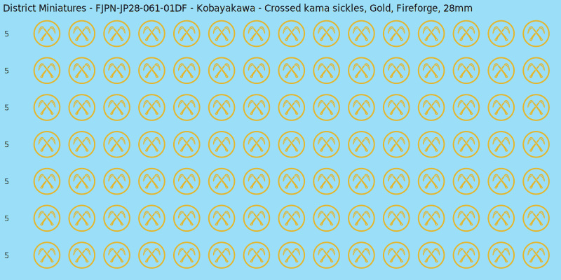 Kobayakawa clan mon, Yellow/Gold waterslide decal sheet, Fireforge banner sizes, 28mm