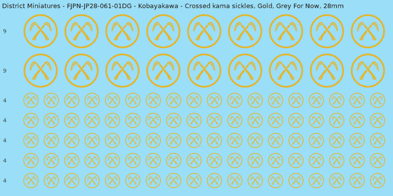 Kobayakawa clan mon, Yellow/Gold waterslide decal sheet, Grey For Now banner sizes, 28mm