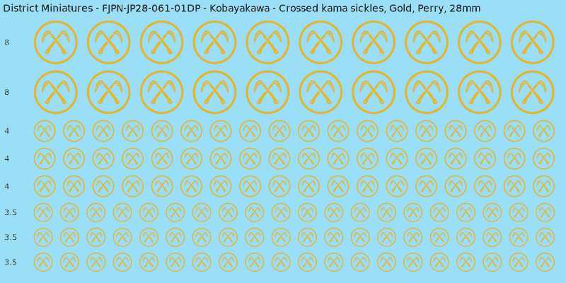 Kobayakawa clan mon, Yellow/Gold waterslide decal sheet, Perry banner sizes, 28mm