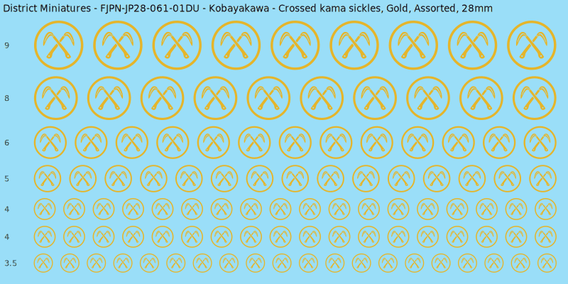 Kobayakawa clan mon, Crossed kama sickles, Gold waterslide decal sheet, 28mm