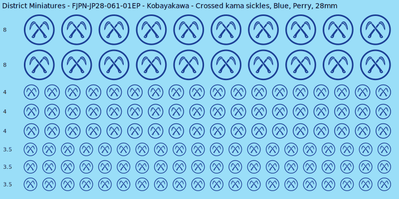 Kobayakawa clan mon, Blue waterslide decal sheet, Perry banner sizes, 28mm