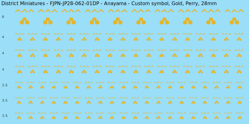 Anayama clan mon, Yellow/Gold waterslide decal sheet, Perry banner sizes, 28mm