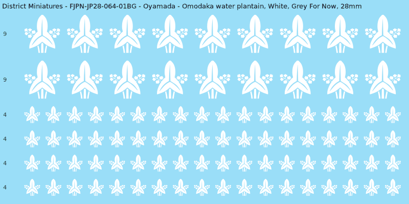 Oyamada clan mon, White waterslide decal sheet, Grey For Now banner sizes, 28mm