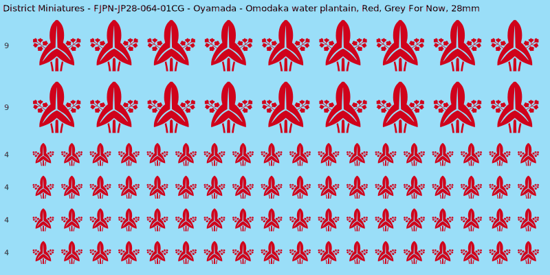 Oyamada clan mon, Red waterslide decal sheet, Grey For Now banner sizes, 28mm