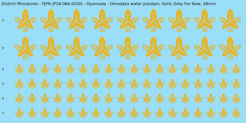 Oyamada clan mon, Yellow/Gold waterslide decal sheet, Grey For Now banner sizes, 28mm