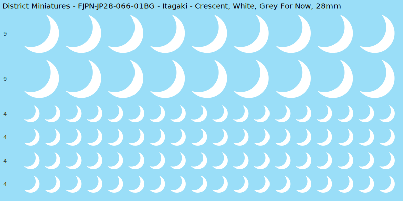 Itagaki clan mon, White waterslide decal sheet, Grey For Now banner sizes, 28mm
