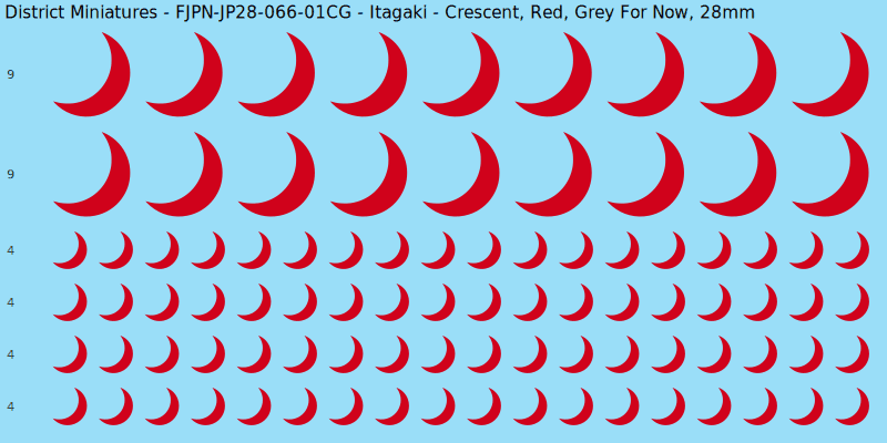 Itagaki clan mon, Red waterslide decal sheet, Grey For Now banner sizes, 28mm